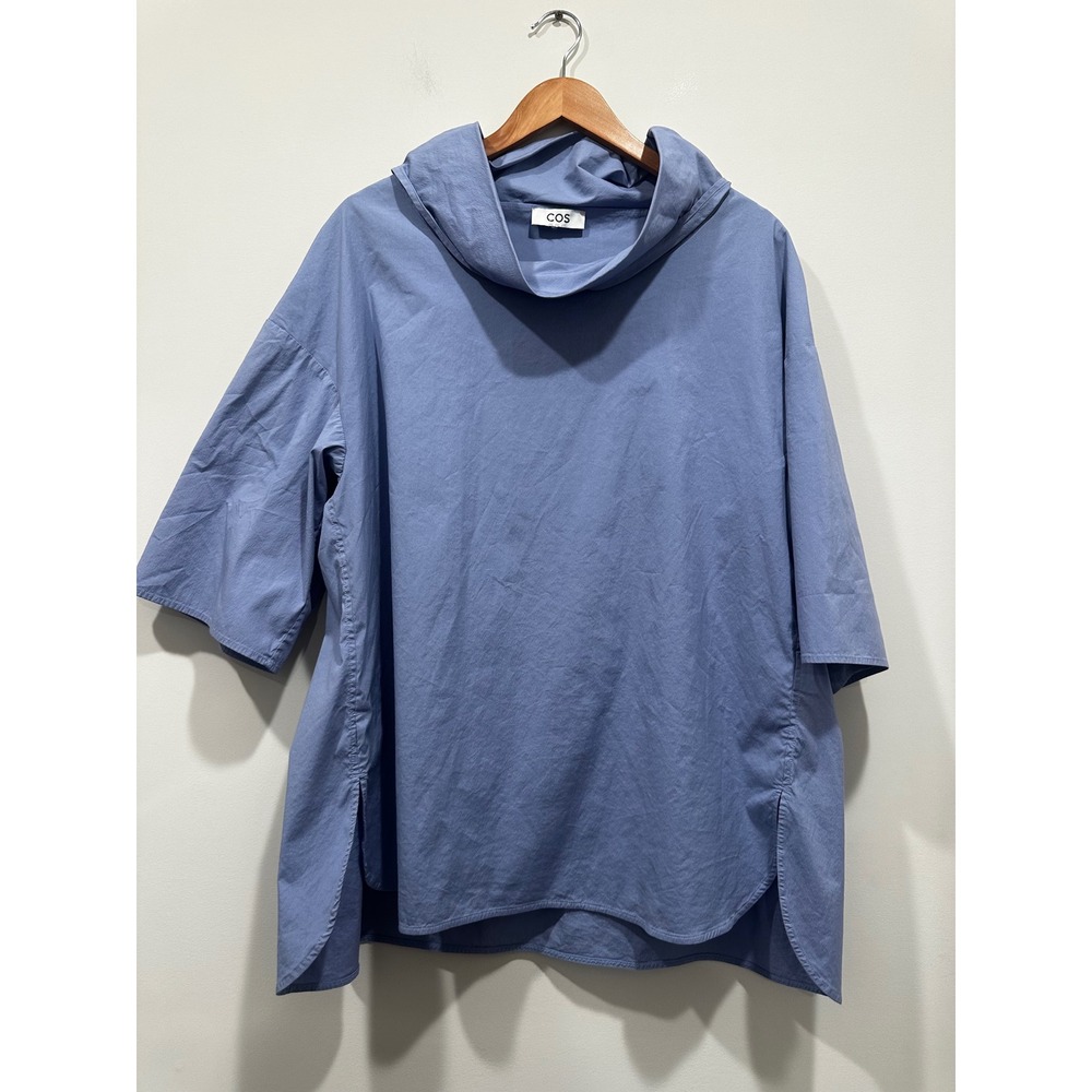COS Womens Blue Oversized Cowl Neck Tunic Top Elbow Sleeve Side Slit Size 2